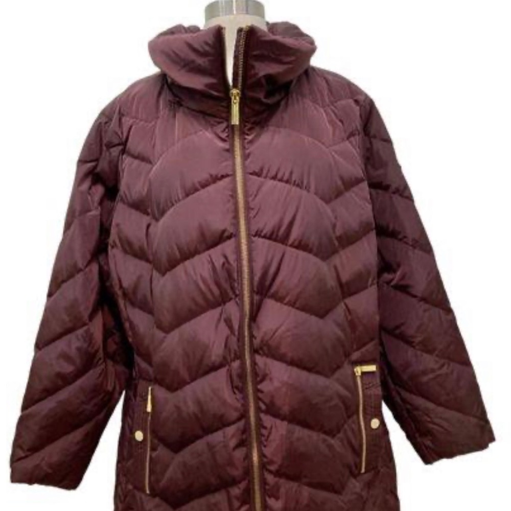 Michael Kors Womens Dark Wine Red Long Zip Up Puffer Coat Size XXL